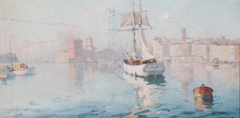 Gilbert Galland (1870 1950), Vieux Port et pont à transbordeur, circa 1930, Huile sur panneau 50 x 100 cm
