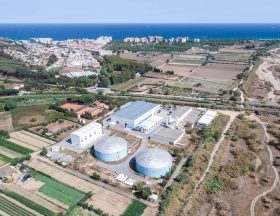 (Blanes, Catalonia August 07, 2017) Desalination plant in view of drone